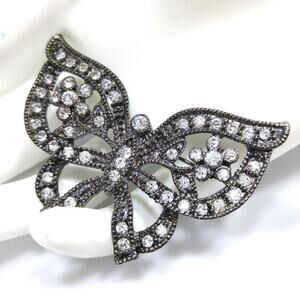 Vintage Butterfly Brooch Gunmetal Clear Rhinestones Sparkling Pin 1990s 2.5"